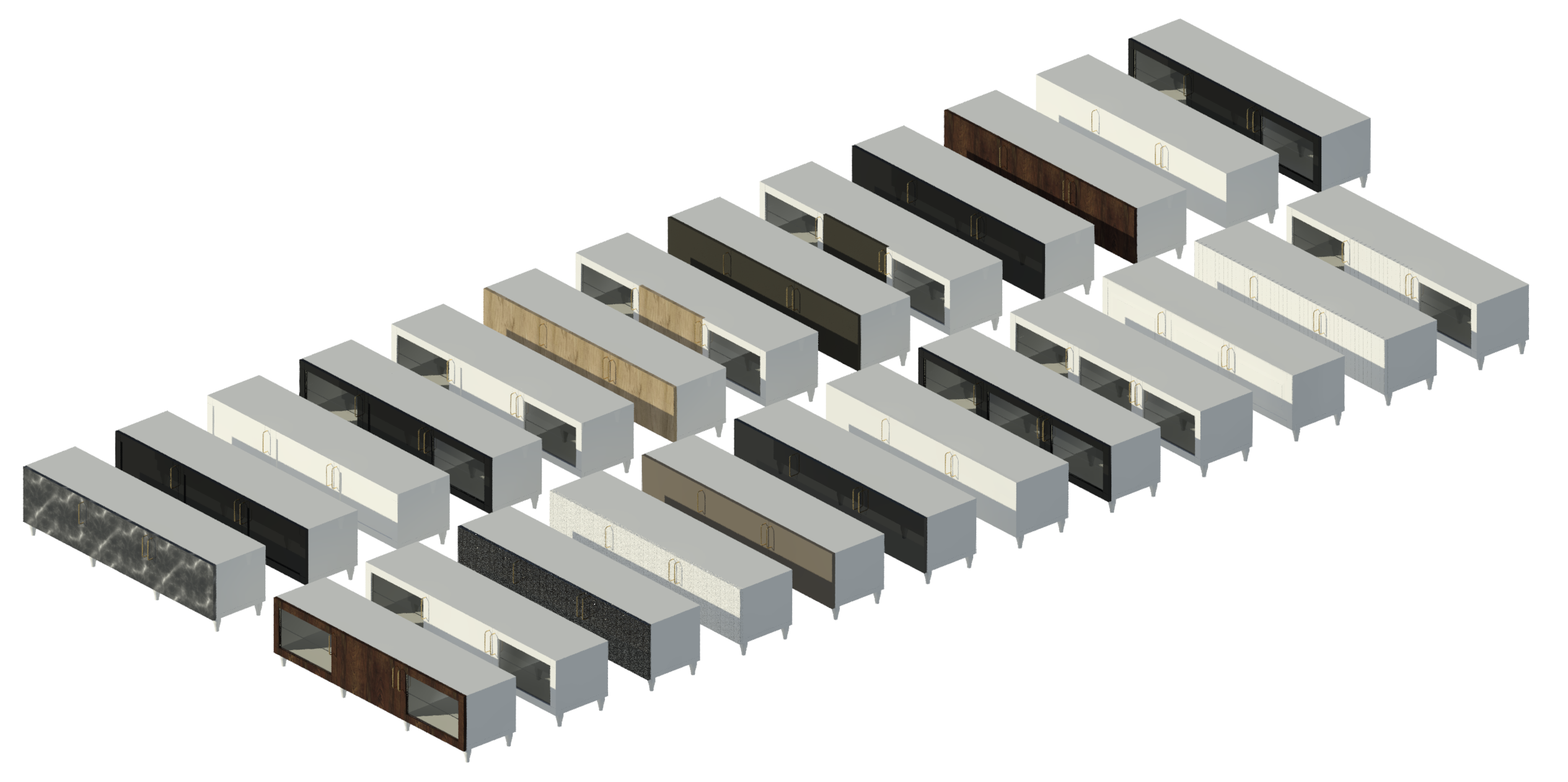Revit render of 25 aligned Besta TV Units showing the different door frame colours and windows.